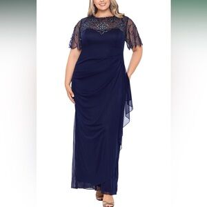 Xscape Plus Size Long Beaded Sequin Illusion Neckline Jersey Dress 18W Navy FLAW